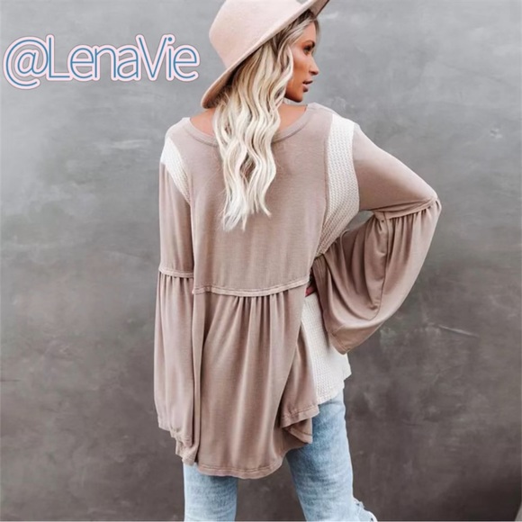 Cotton Two Tone Boho Top W/Bell Sleeves, Light Flowy Tunic - Picture 3 of 5